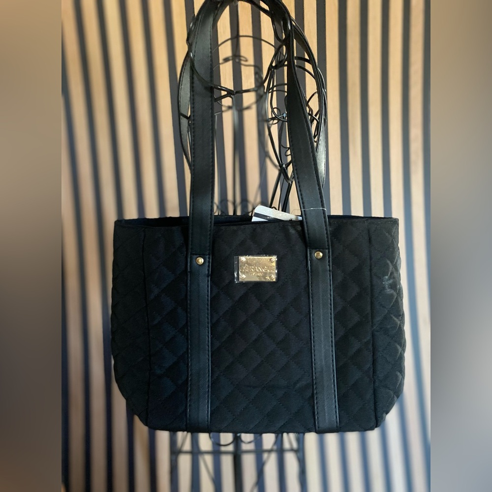 Black Quilted Mini Tote with Gold Plaque